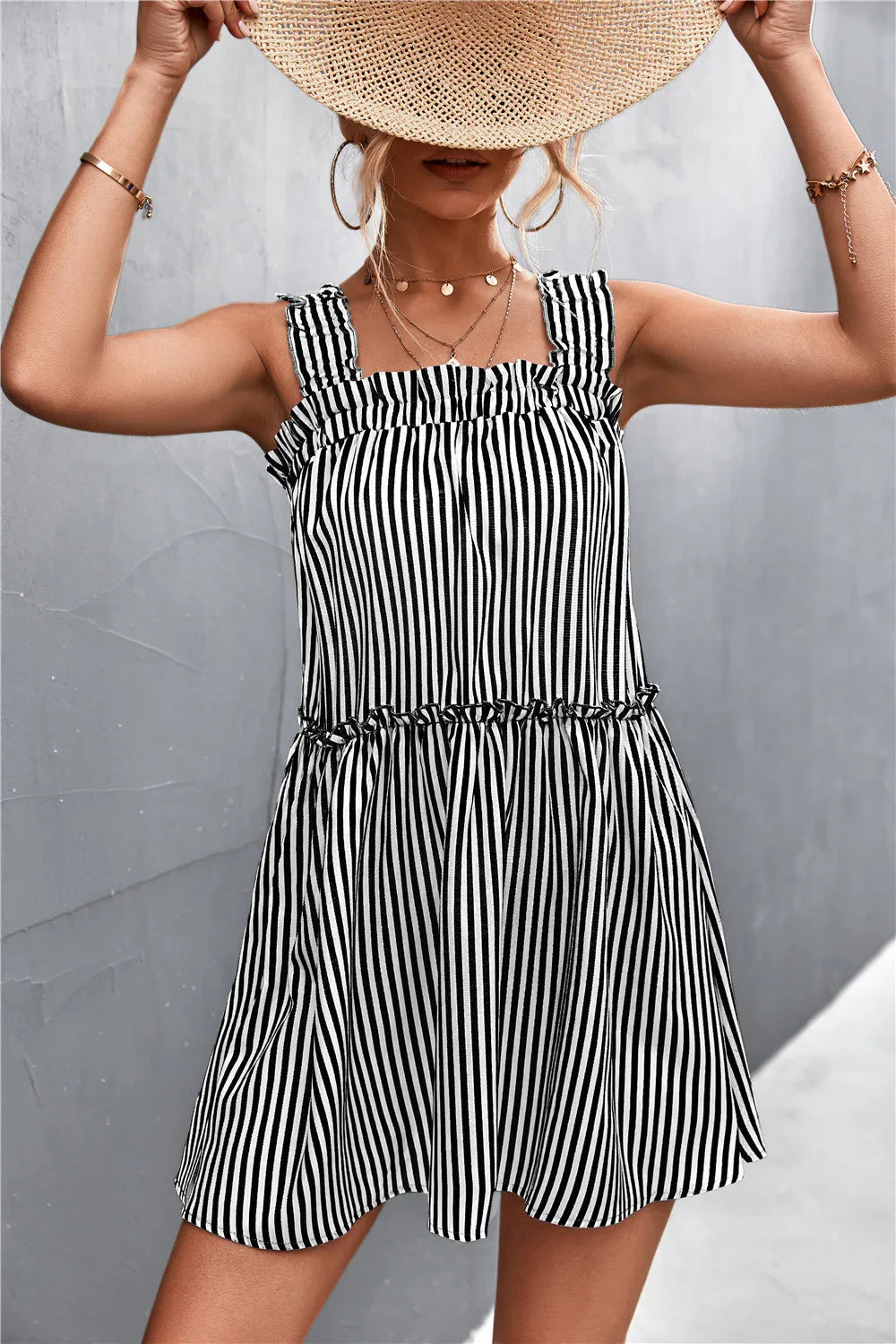 Casual Striped Frill Trim Square Neck Dress - Southern Shores Clothing