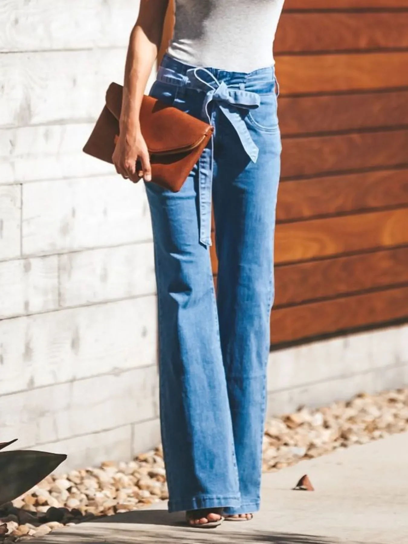 Beach Inspired High Waisted Tie Front Flare Denim Jeans - Southern Shores Clothing