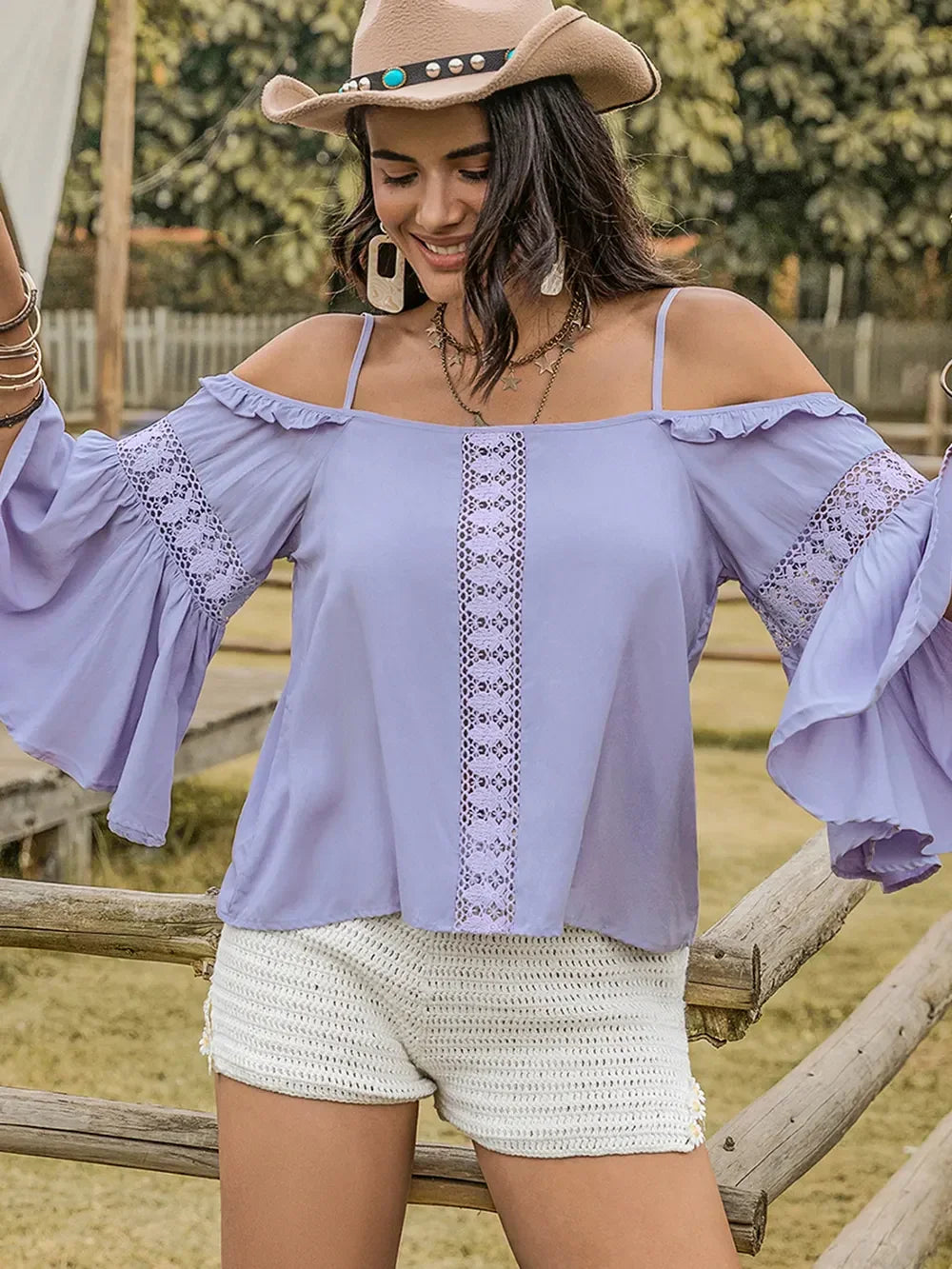 Square Neck Flare Sleeve Blouse With Lace Ruffled Design - Southern Shores Clothing