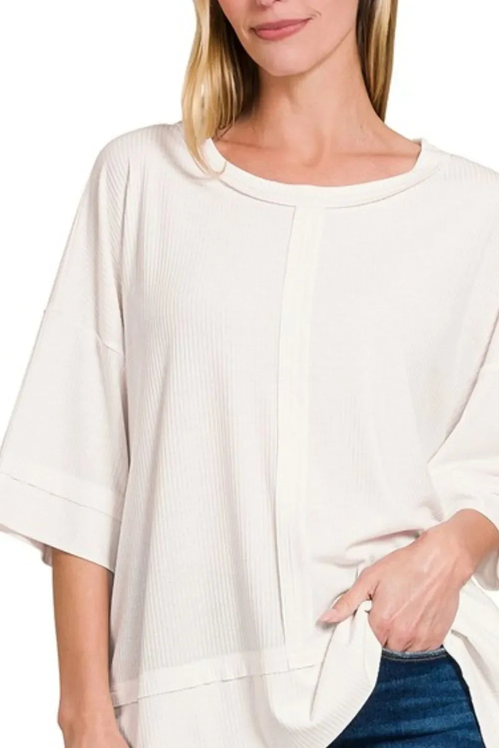 Ribbed Boat Neck Oversized Three Quarter Sleeve Top - Southern Shores Clothing