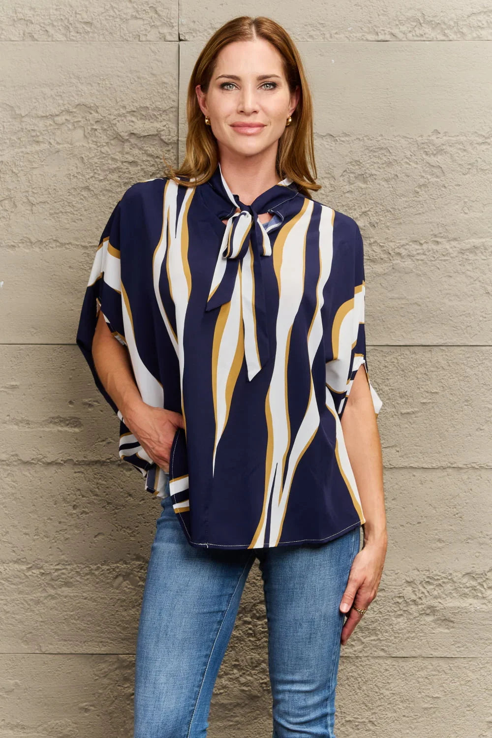 Casual Printed Tie-Neck Blouse With Split Sleeves Regular Length - Southern Shores Clothing