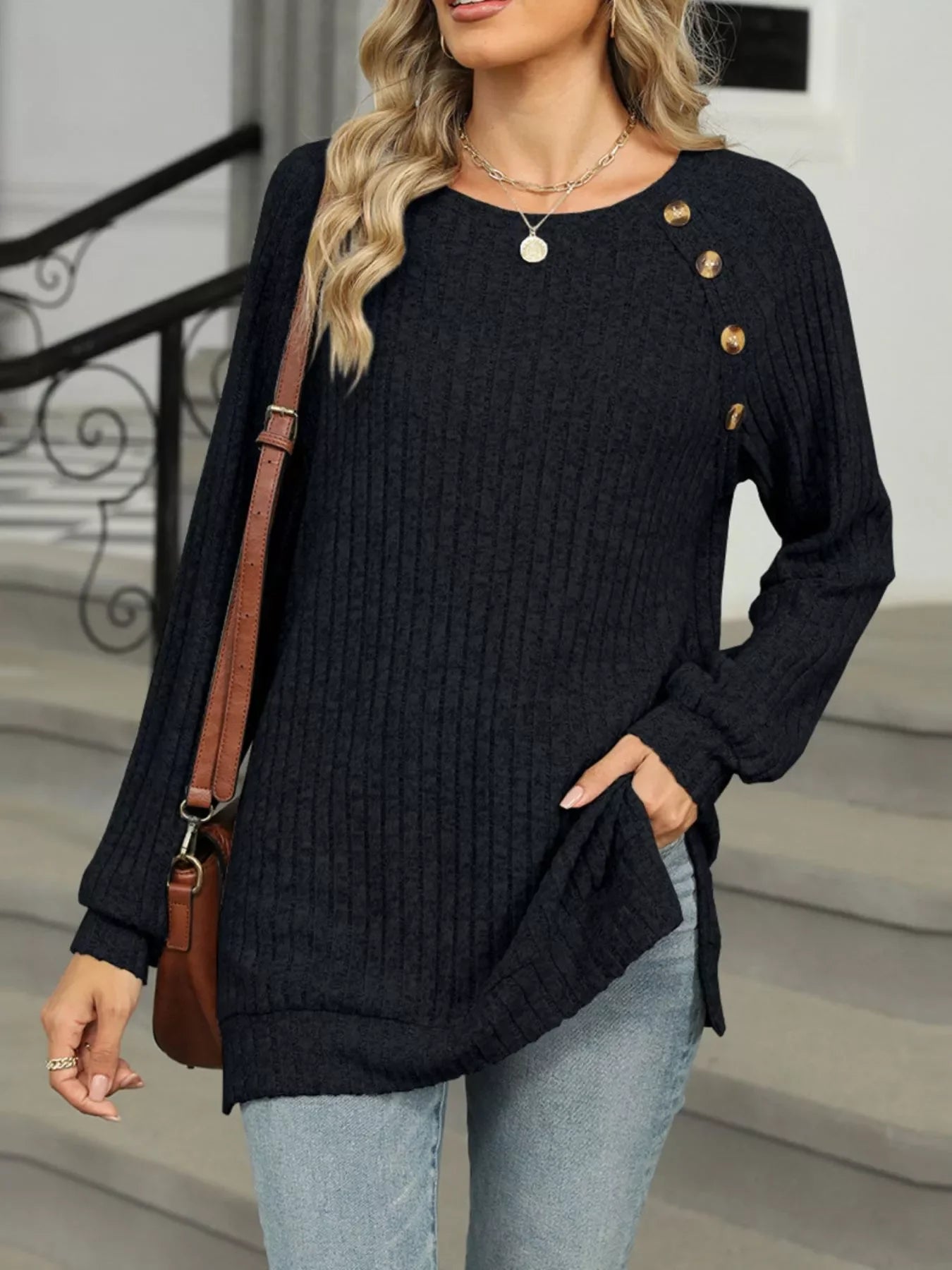 Round Neck Side Slit Ribbed Knit Top with Asymmetric Button Detail - Southern Shores Clothing
