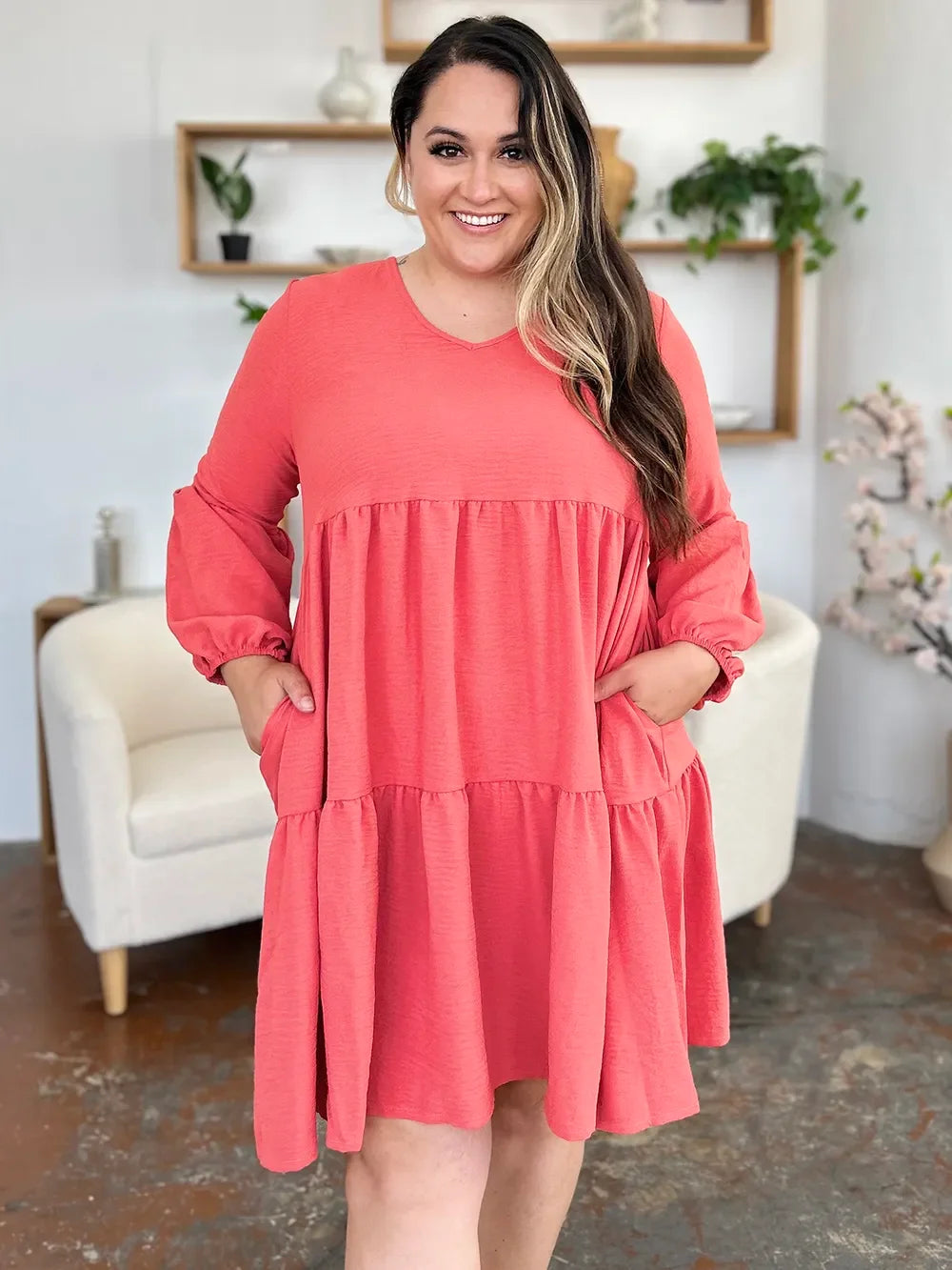 V Neck Balloon Sleeve Tiered Dress With Pockets