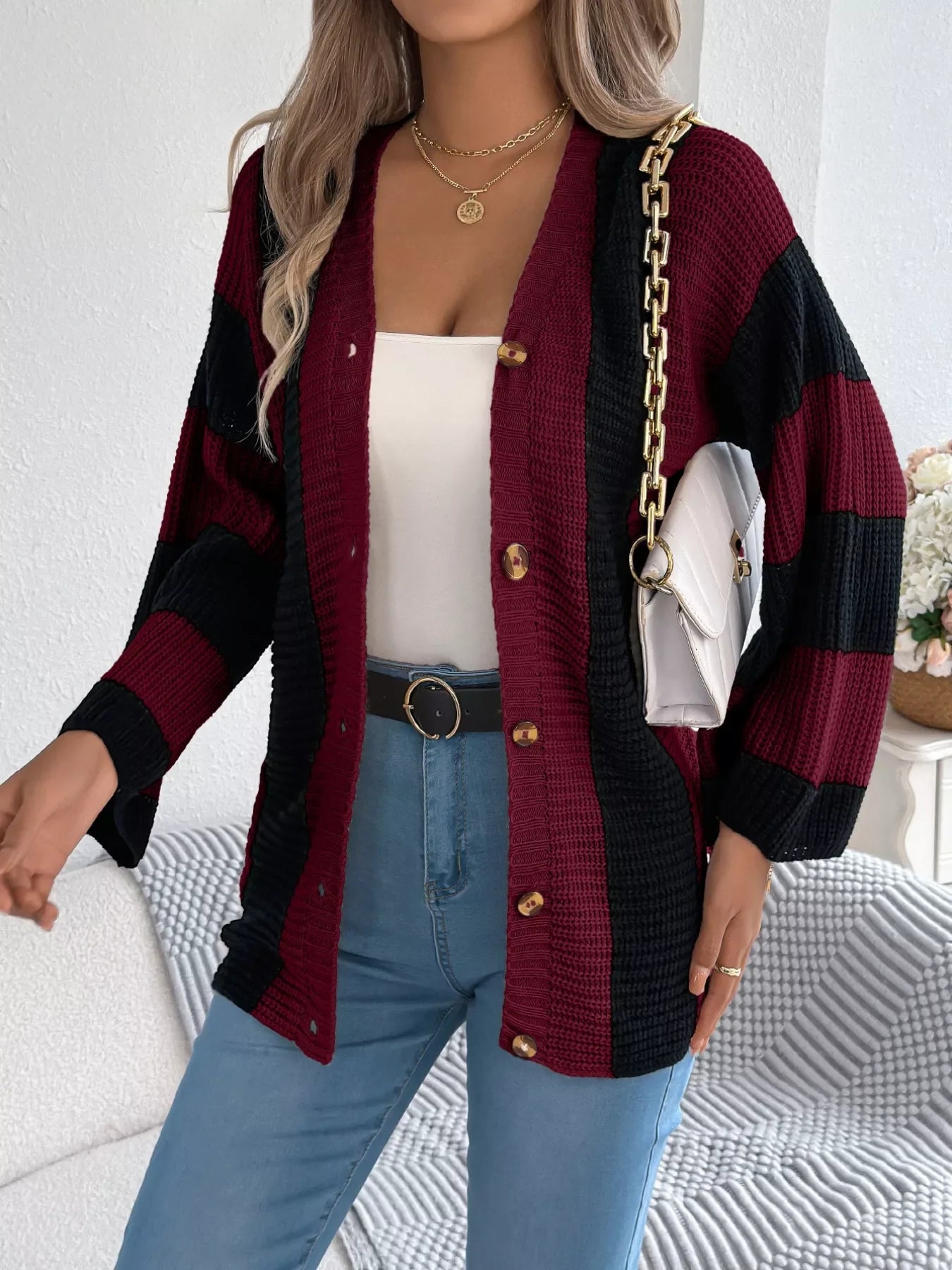Block Pattern Button-Up Cardigan With Slight Stretch - Southern Shores Clothing
