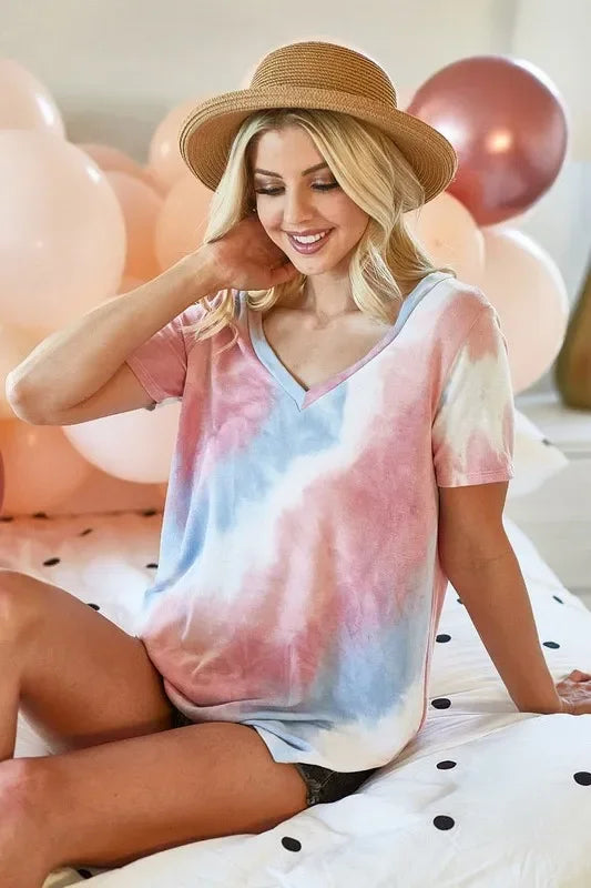 Tie Dye V Neck Top Relaxed Fit Cotton Shirt - Southern Shores Clothing