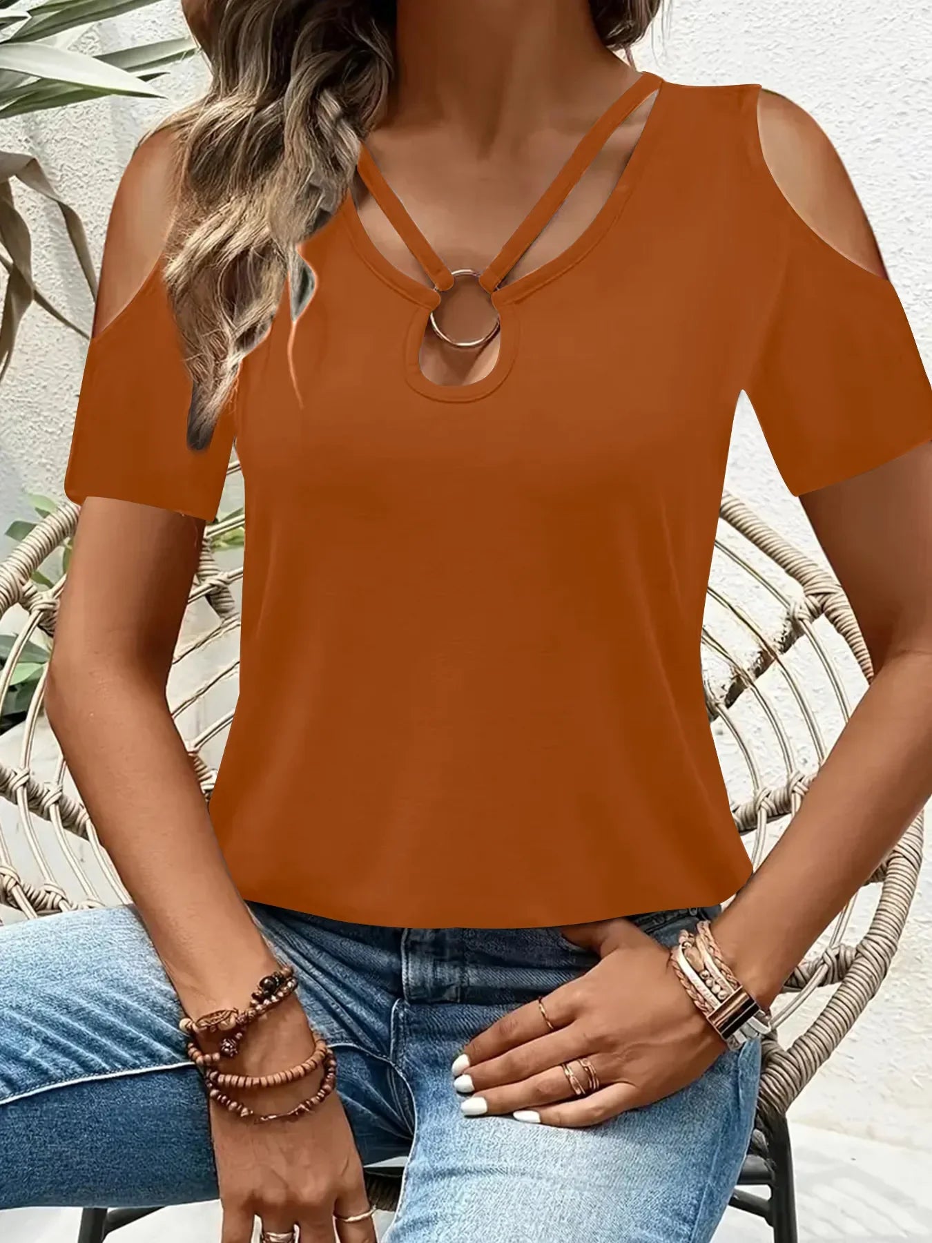 Stretch Cold Shoulder Tee With Metal Ring Detail - Southern Shores Clothing