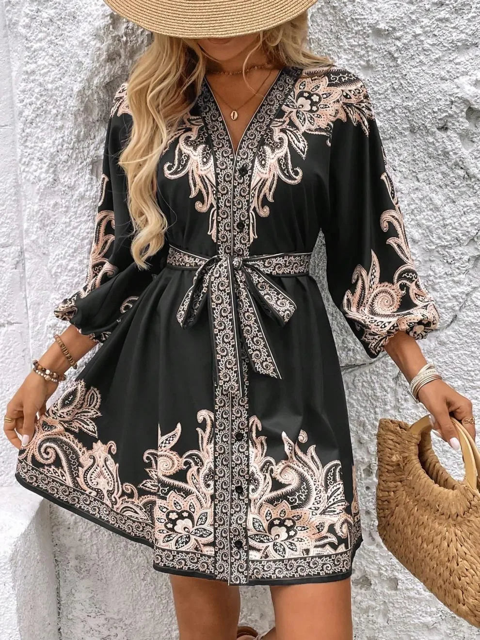 Paisley Print V Neck Mini Dress Tie Belt Three Quarter Sleeve - Southern Shores Clothing