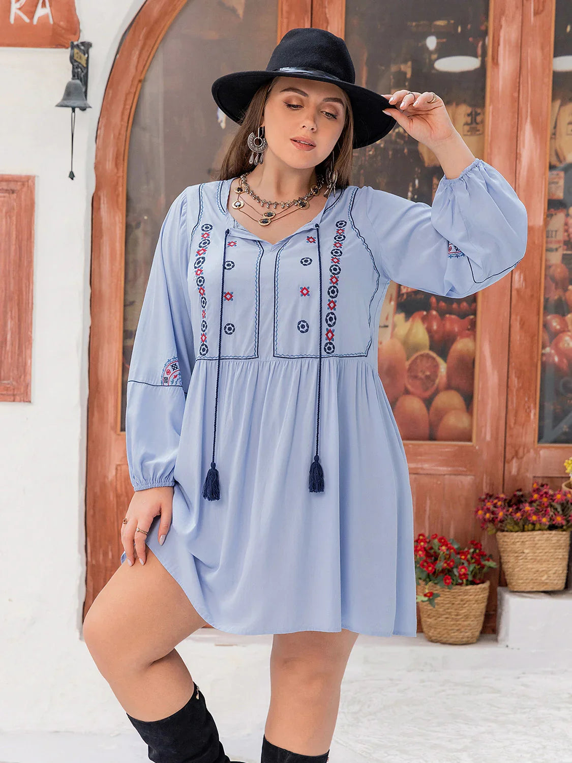 Plus Size Tie Neck Tassel Detail Long Sleeve Mini Dress - Southern Shores Clothing