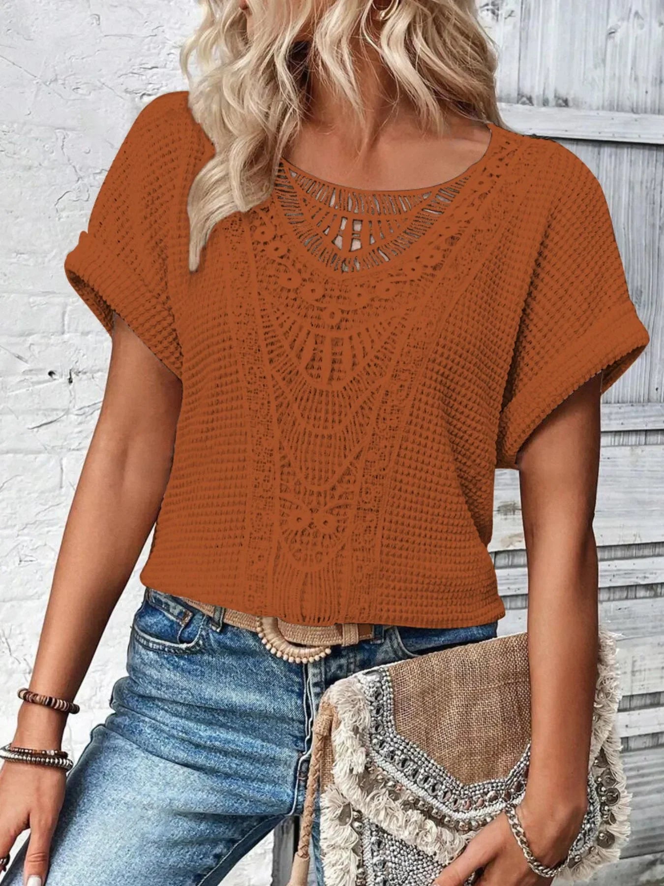 Crochet Lace Short Sleeve T Shirt Casual - Southern Shores Clothing