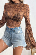 Boho Allover Paisley Print Sheer Mock Neck Flare Sleeve Top - Southern Shores Clothing