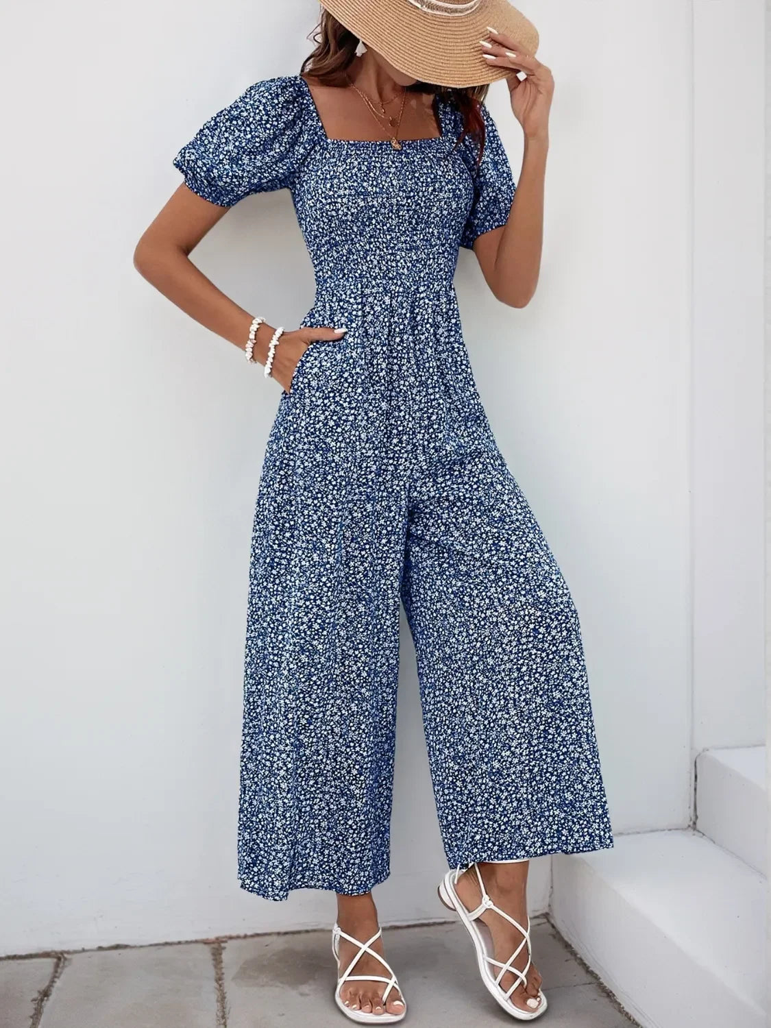 Printed Square Neck Puff Sleeve Jumpsuit - Southern Shores Clothing