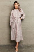 Printed Tie Waist Long Sleeve Midi Dress - Southern Shores Clothing