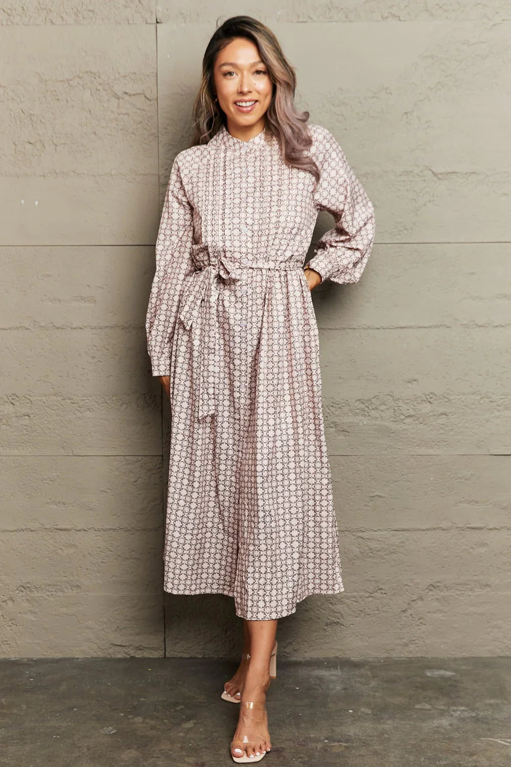 Printed Tie Waist Long Sleeve Midi Dress - Southern Shores Clothing