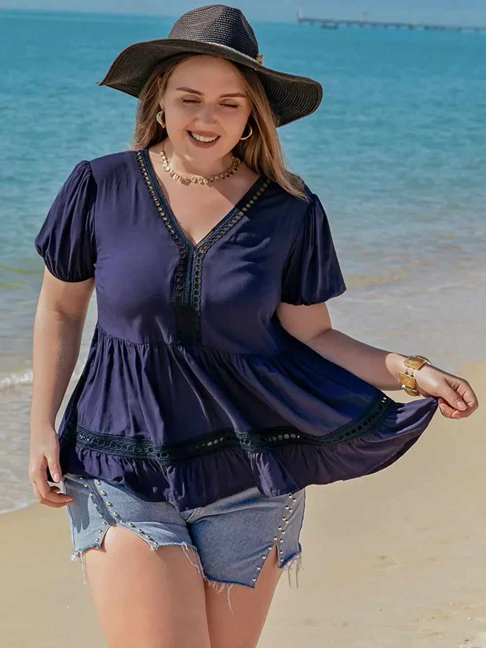 Plus Size Peplum V-Neck Short Sleeve Openwork Blouse - Southern Shores Clothing