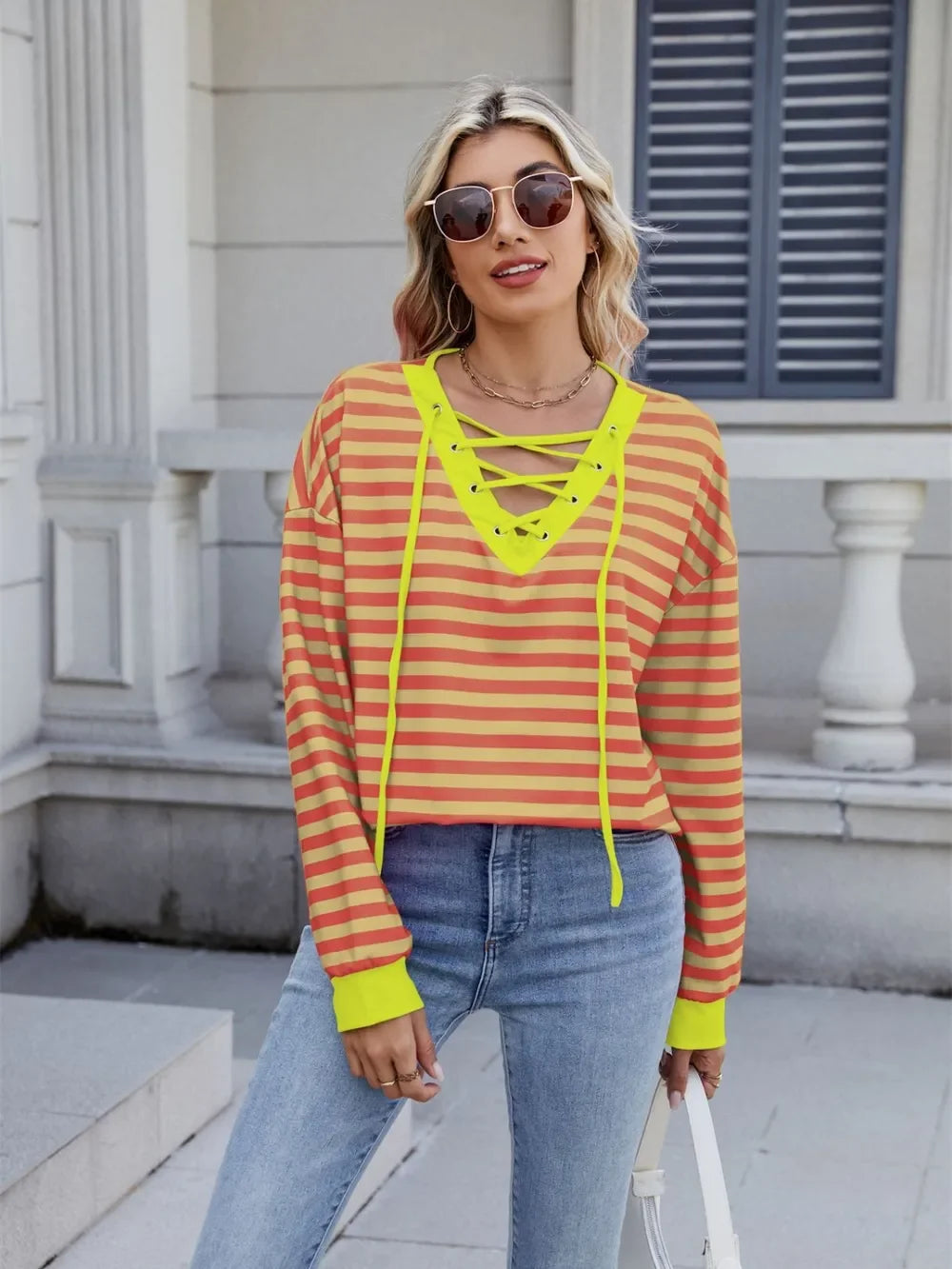 Lace-Up Striped Long Sleeve T-Shirt - Southern Shores Clothing