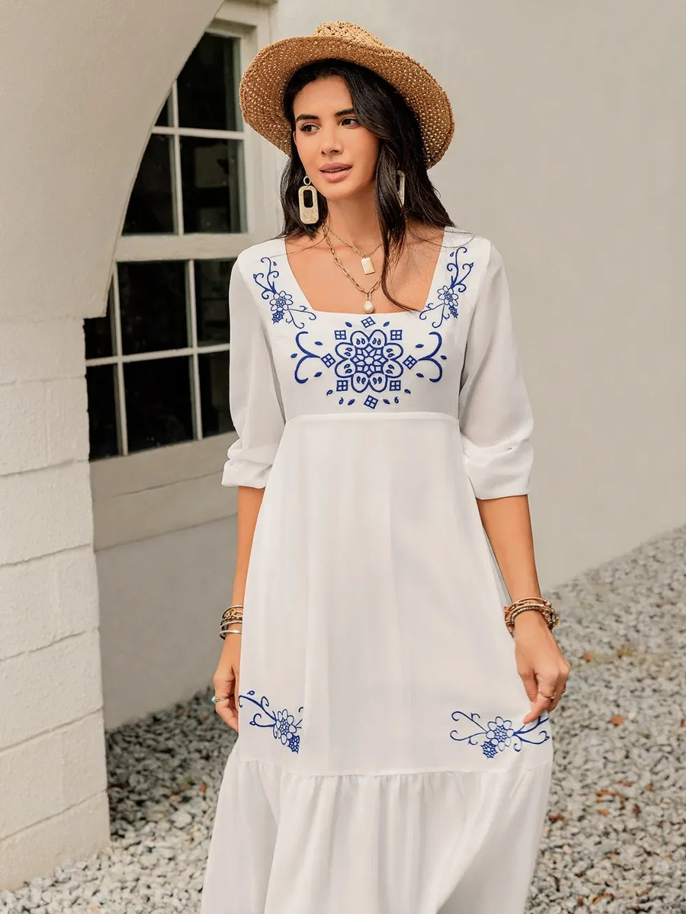 Printed Square Neck Balloon Sleeve Dress With Embroidered Detail - Southern Shores Clothing