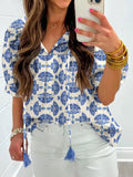 Printed Tassel Tie Neck Blouse For Warm Weather - Southern Shores Clothing