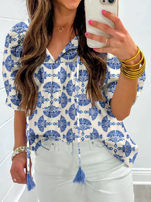 Printed Tassel Tie Neck Blouse For Warm Weather - Southern Shores Clothing