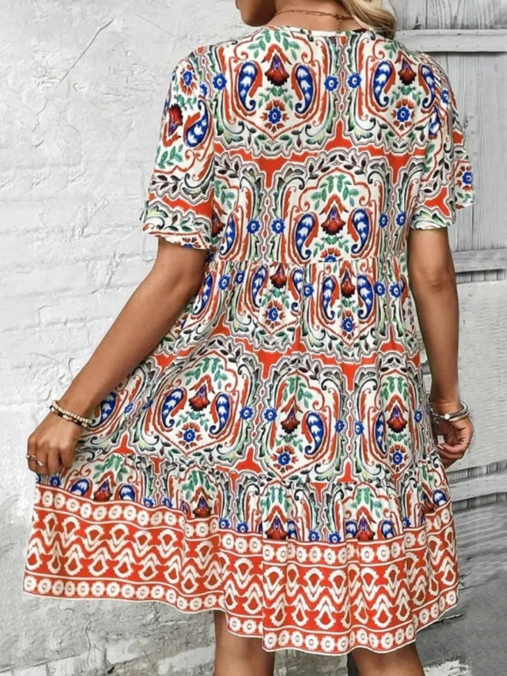 Printed Tie Neck Short Sleeve Dress With Paisley Print Pattern - Southern Shores Clothing