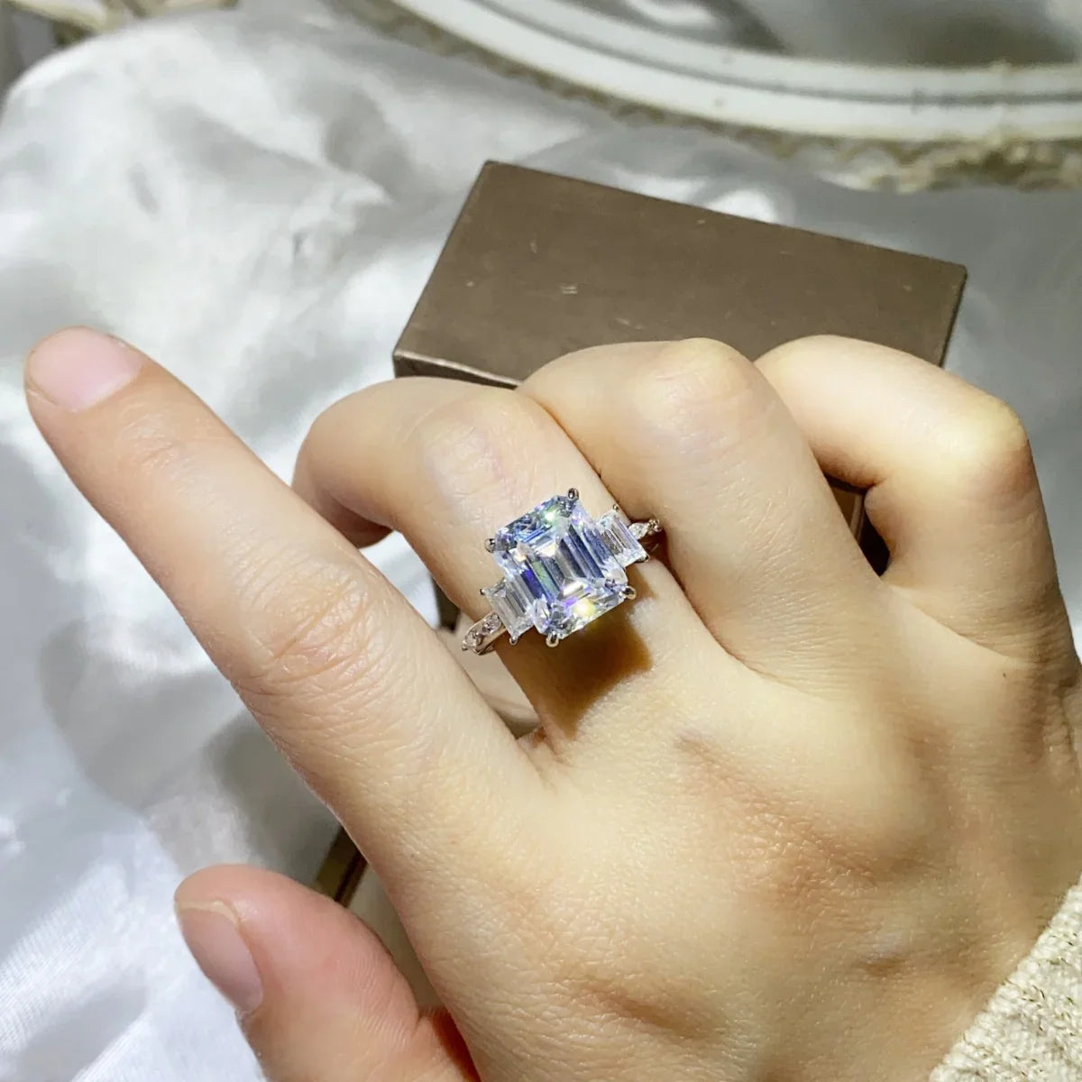 Emerald-Cut Moissanite Ring 5 Carat Platinum-Plated Finish Band - Southern Shores Clothing