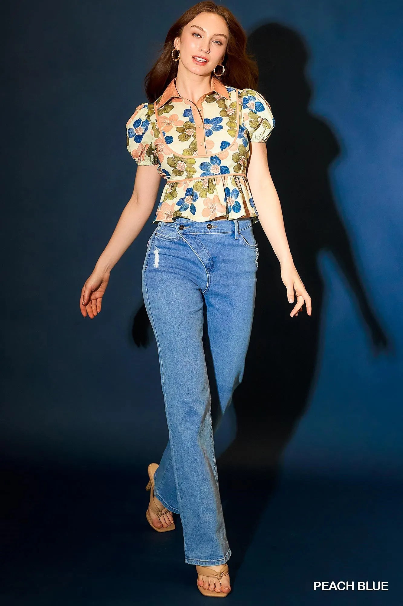 Umgee Floral Print Puff Sleeve Cropped Blouse