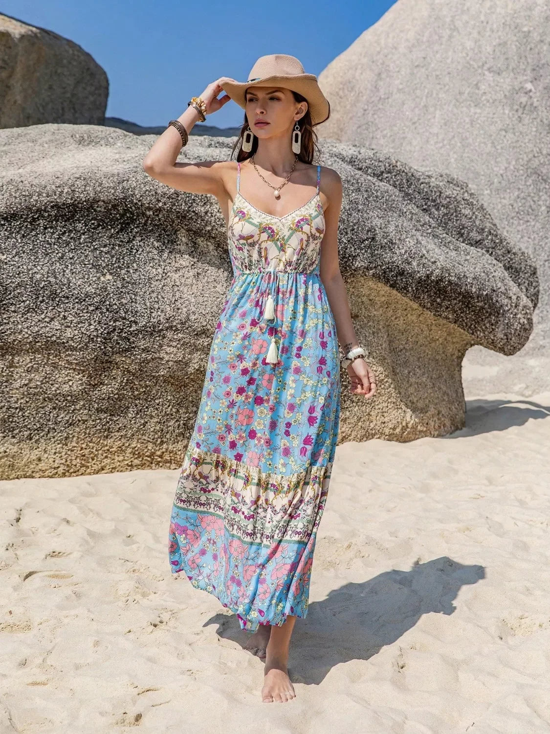 Tassel Floral Print Cami Dress Long Maxi Silhouette Style - Southern Shores Clothing