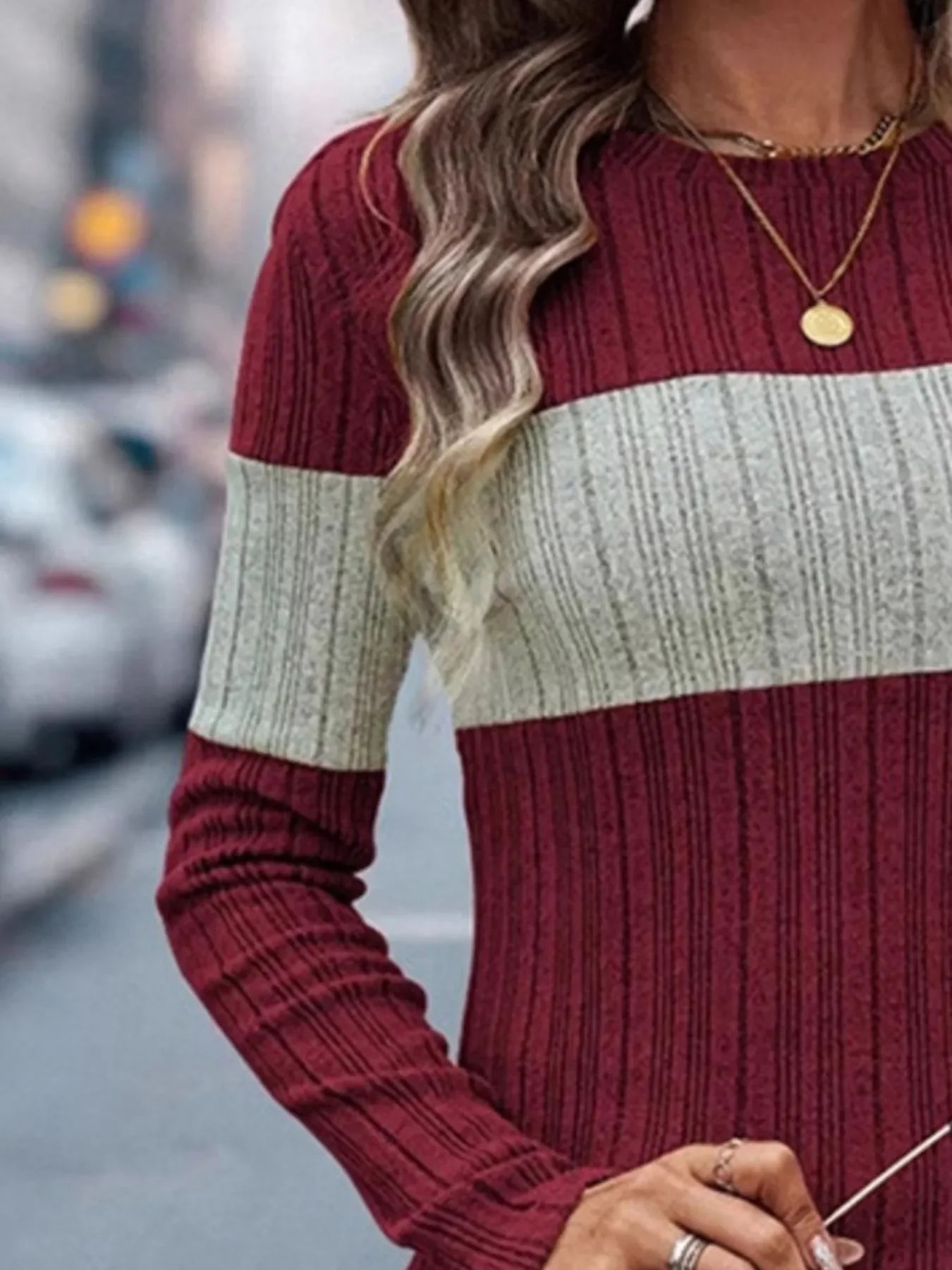 Block Pattern Round Neck Long Sleeve Sweater - Southern Shores Clothing