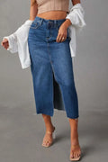 Slit Raw Hem Midi Denim Skirt With Pockets - Southern Shores Clothing
