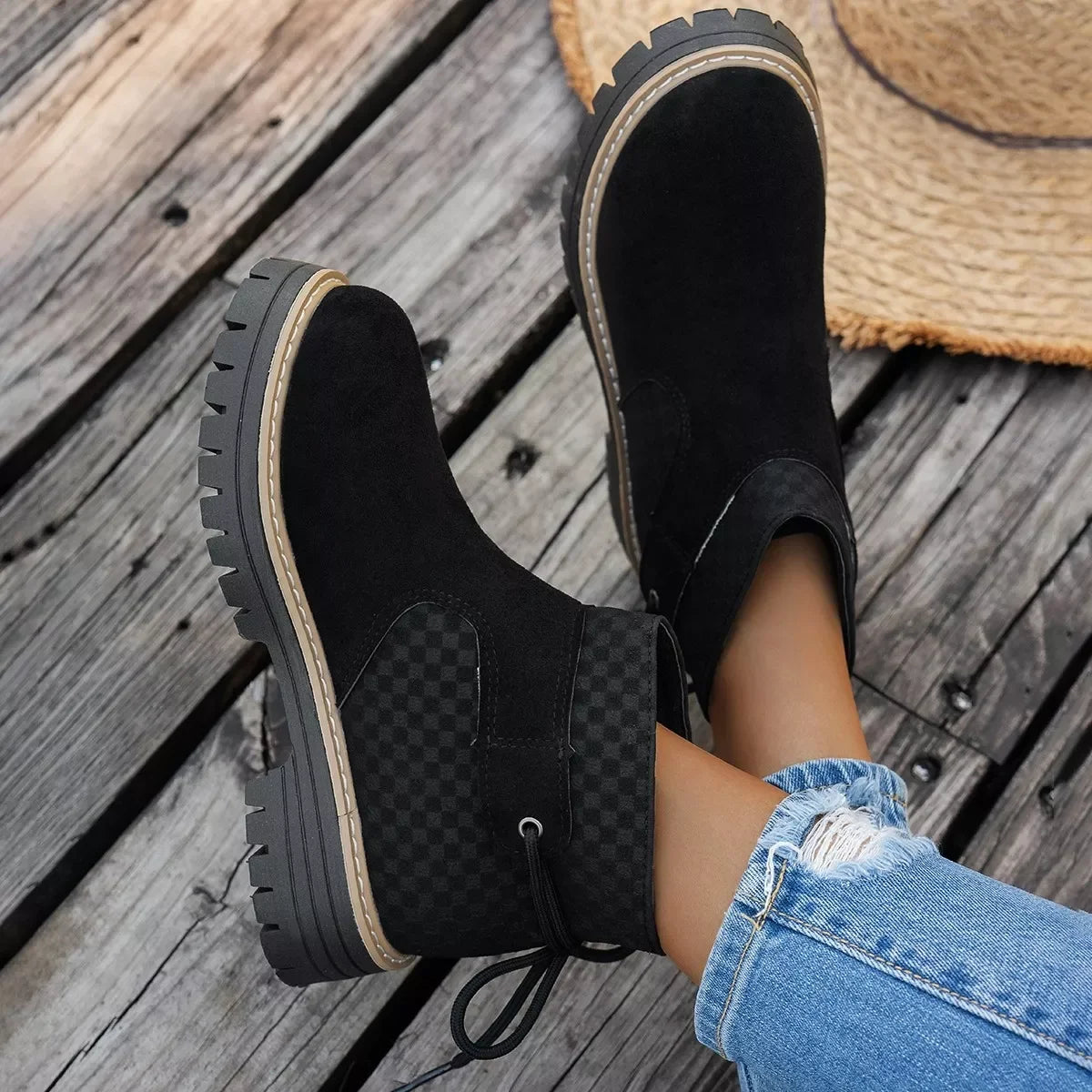 Round Toe Platform Boots Suede Rubber Mid Heel - Southern Shores Clothing