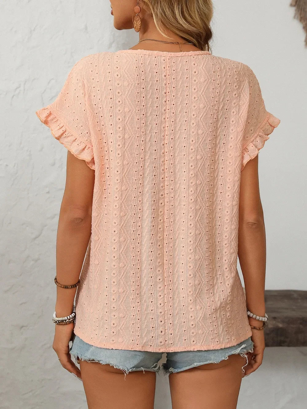 Eyelet Frill Round Neck Short Sleeve Top - Southern Shores Clothing
