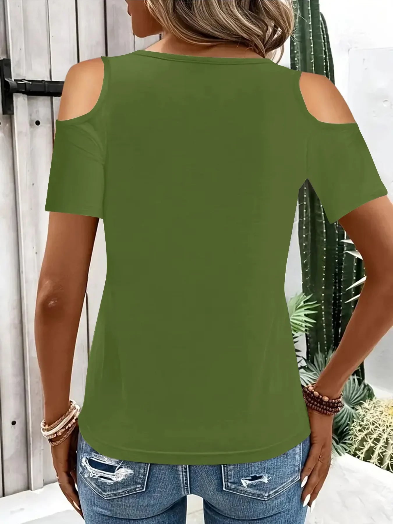 Stretch Cold Shoulder Tee With Metal Ring Detail - Southern Shores Clothing