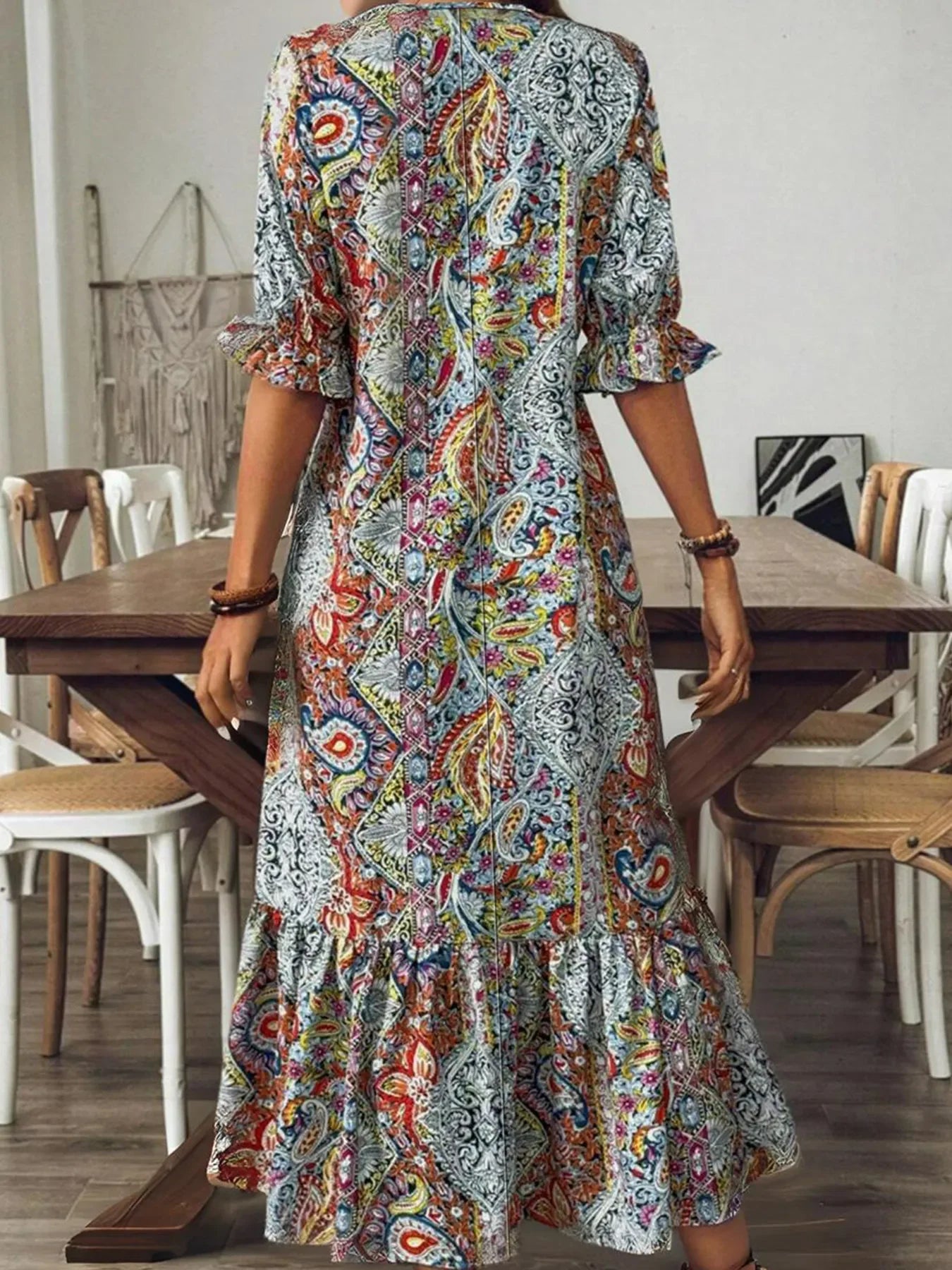 Bohemian Paisley Print V Neck Tiered Midi Dress Pattern - Southern Shores Clothing