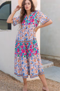 Mixed Floral Print Tie Neck Short Sleeve Tiered Frill Dress - Southern Shores Clothing