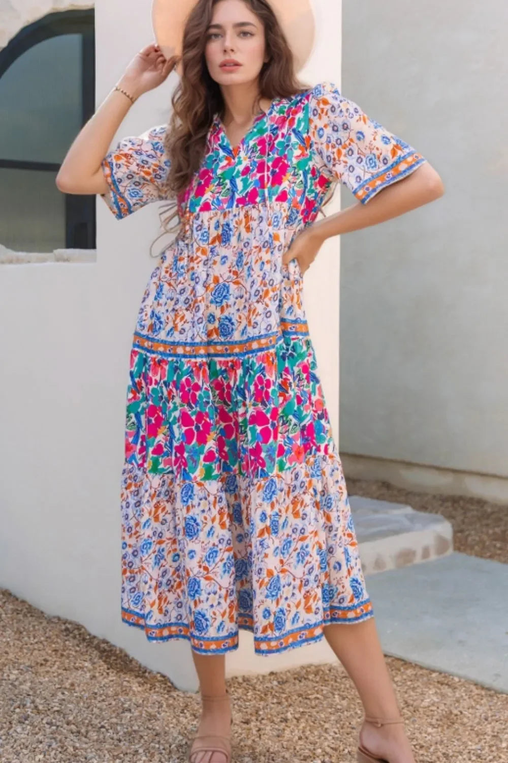 Mixed Floral Print Tie Neck Short Sleeve Tiered Frill Dress - Southern Shores Clothing