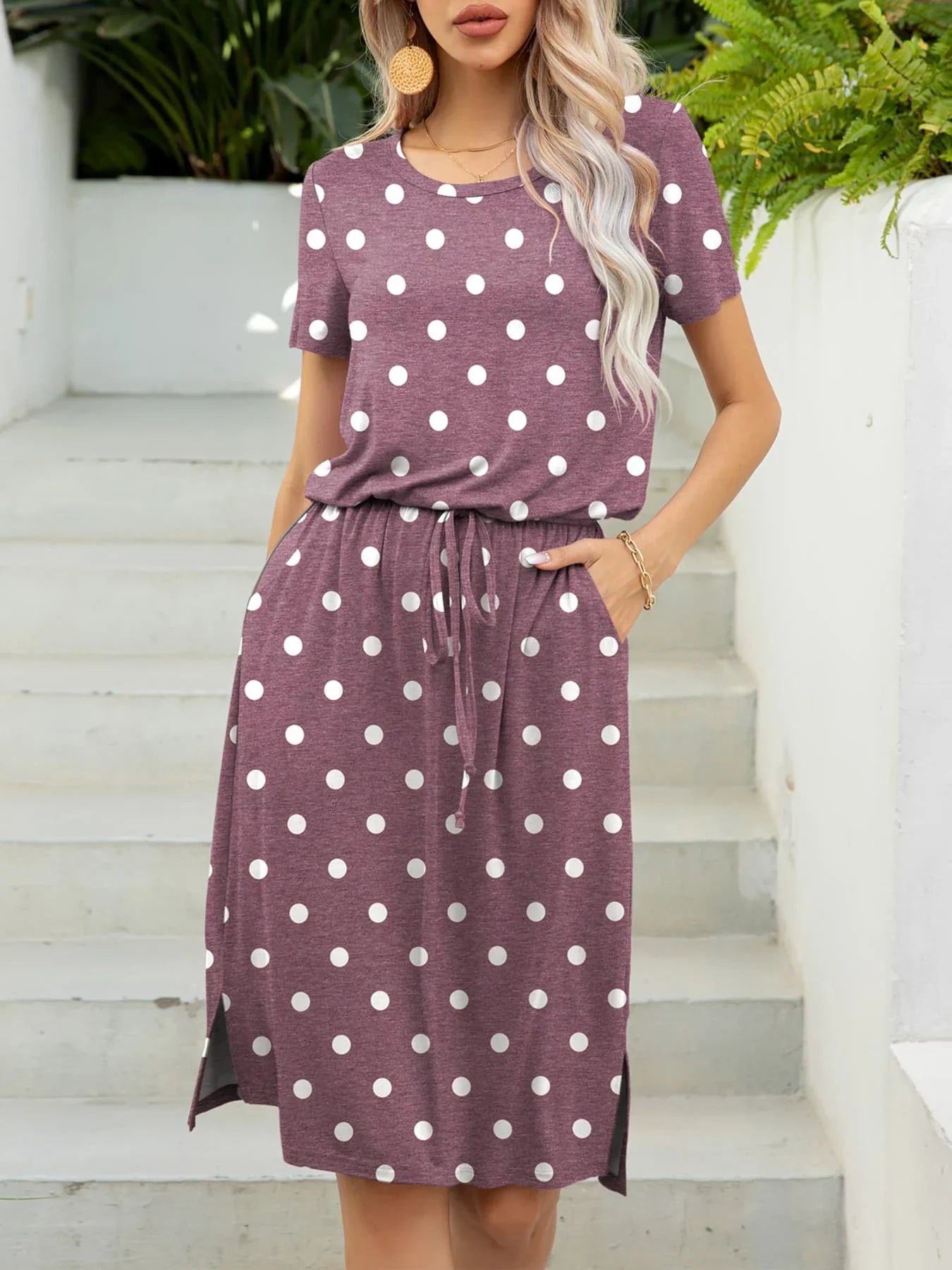 Round Neck Short Sleeve Slit Dress with Pockets - Southern Shores Clothing