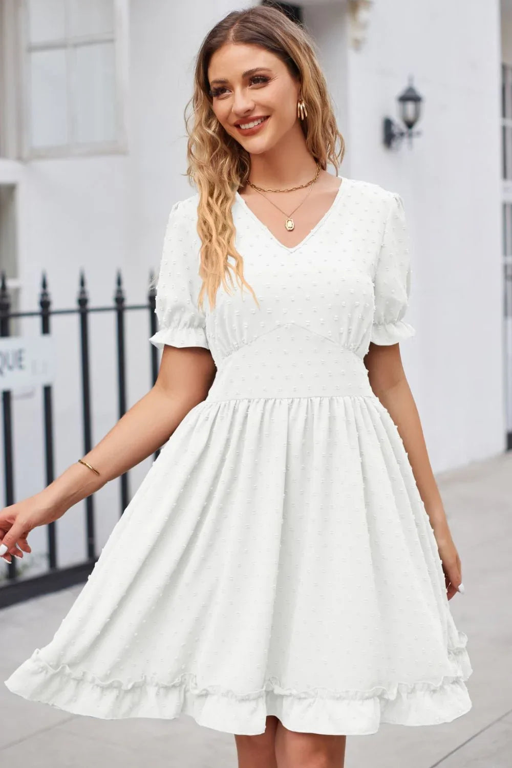 Swiss Dot Frill Trim Flounce Sleeve V Neck Dress - Southern Shores Clothing