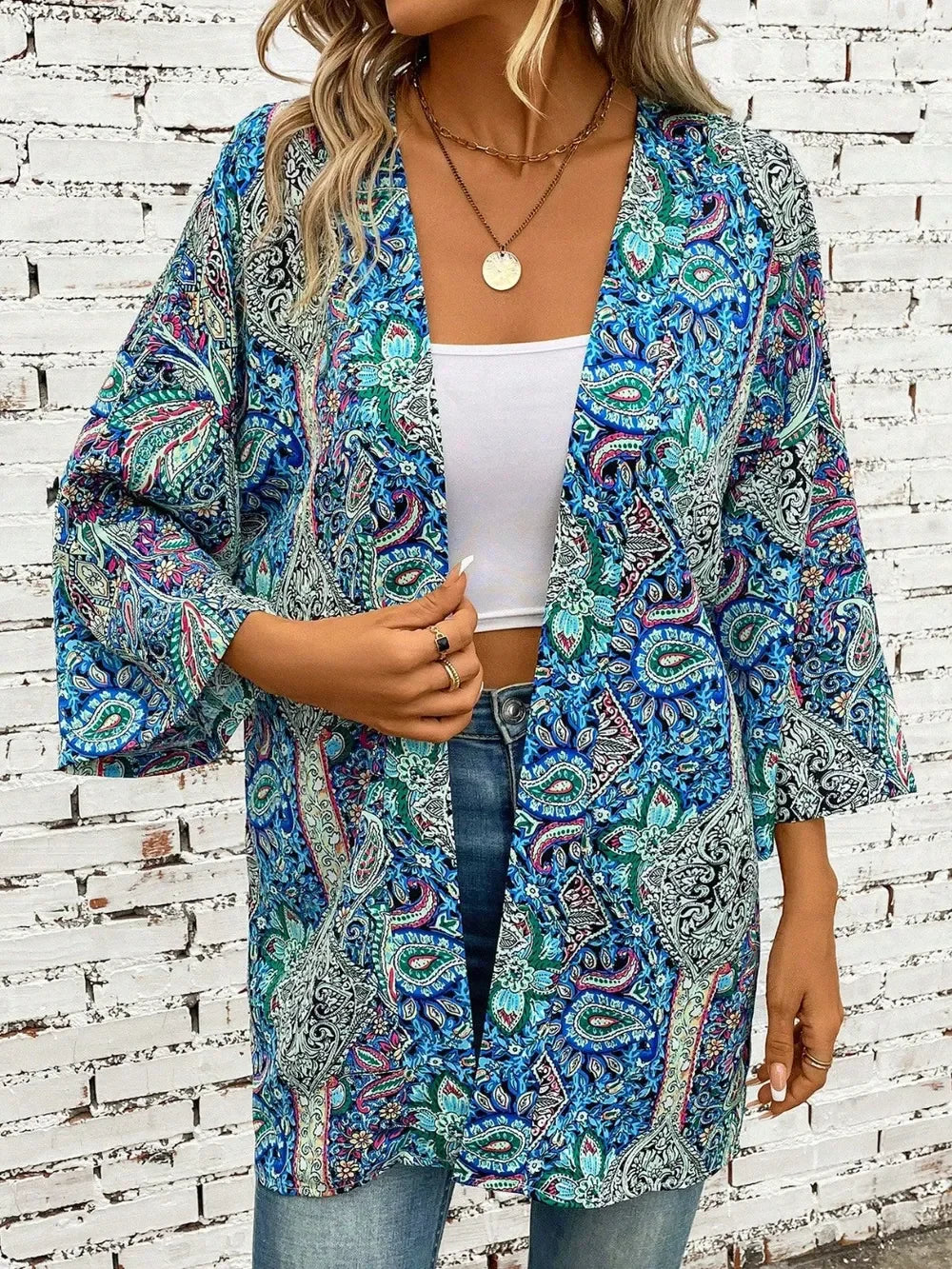 Printed Open Front Three-Quarter Sleeve Cover Up One Size - Southern Shores Clothing