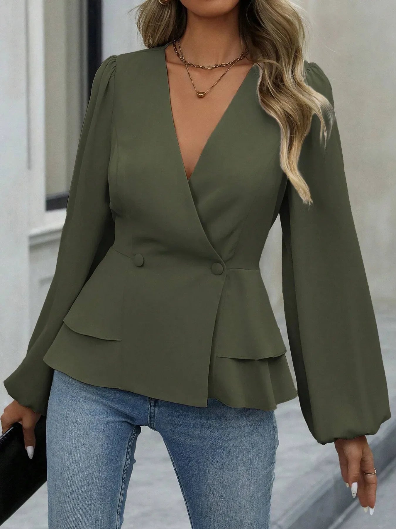 Southern Shores Clothing Surplice Balloon Sleeve Peplum Blouse In 100 Percent Polyester - Southern Shores Clothing