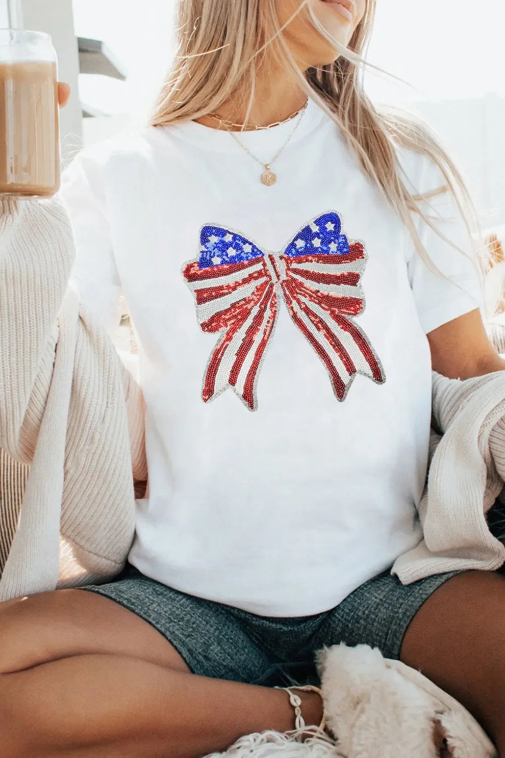 USA Flag Bow Knot Patched Crew Neck Stretch Tee - Southern Shores Clothing