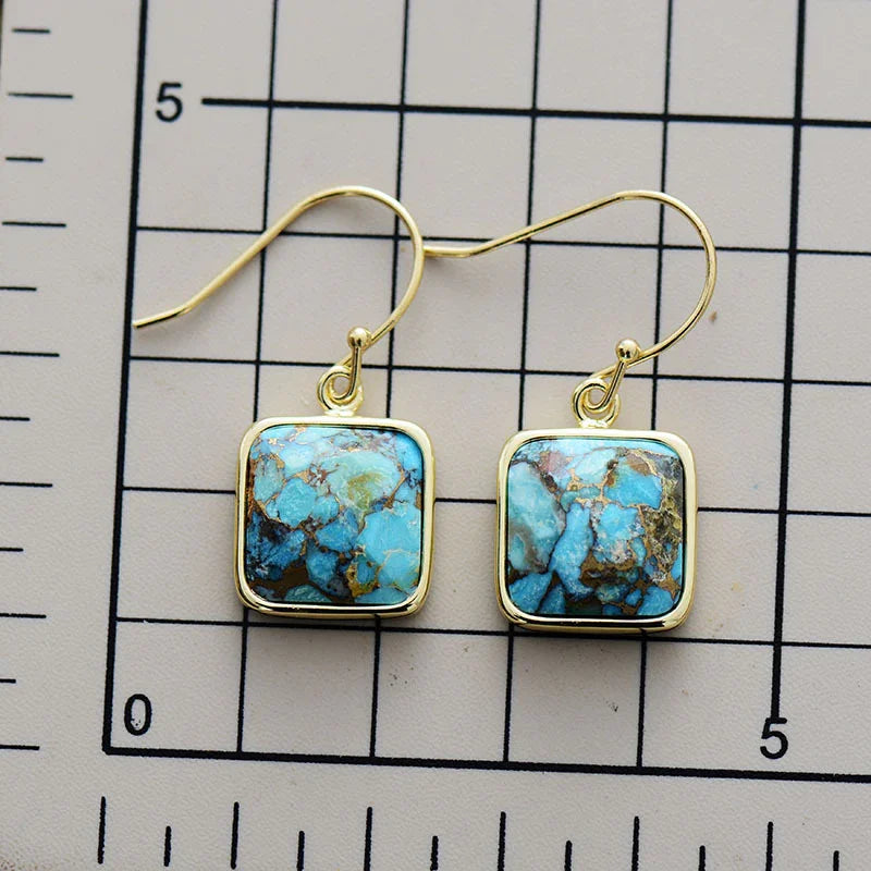 Gold Plated Copper Square Drop Earrings With Natural Stones