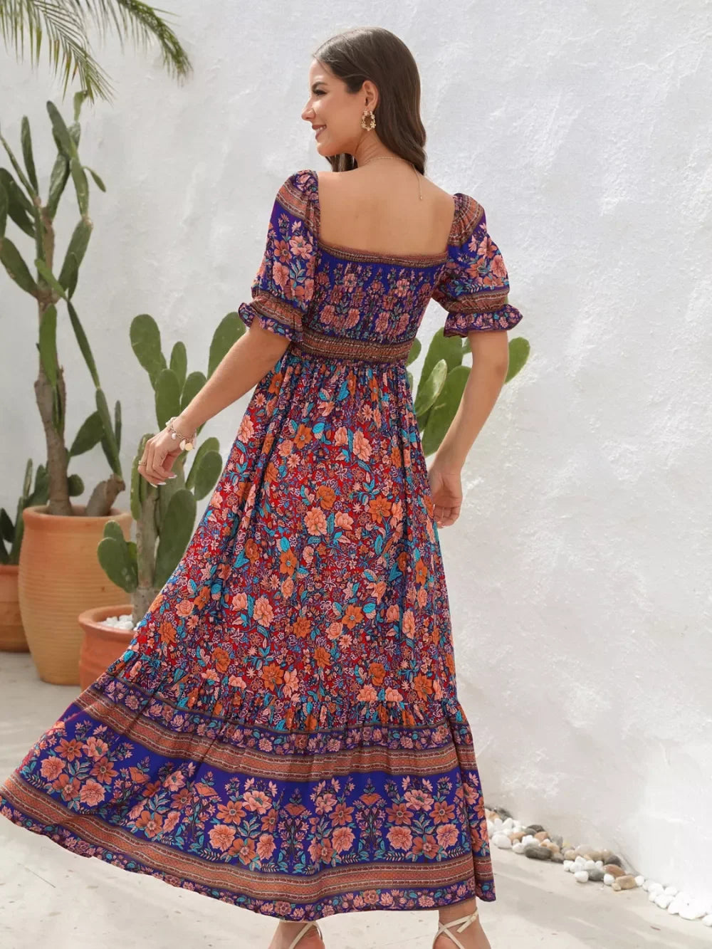 Floral Flounce Sleeve Midi Dress Rayon Off Shoulder Boho - Southern Shores Clothing