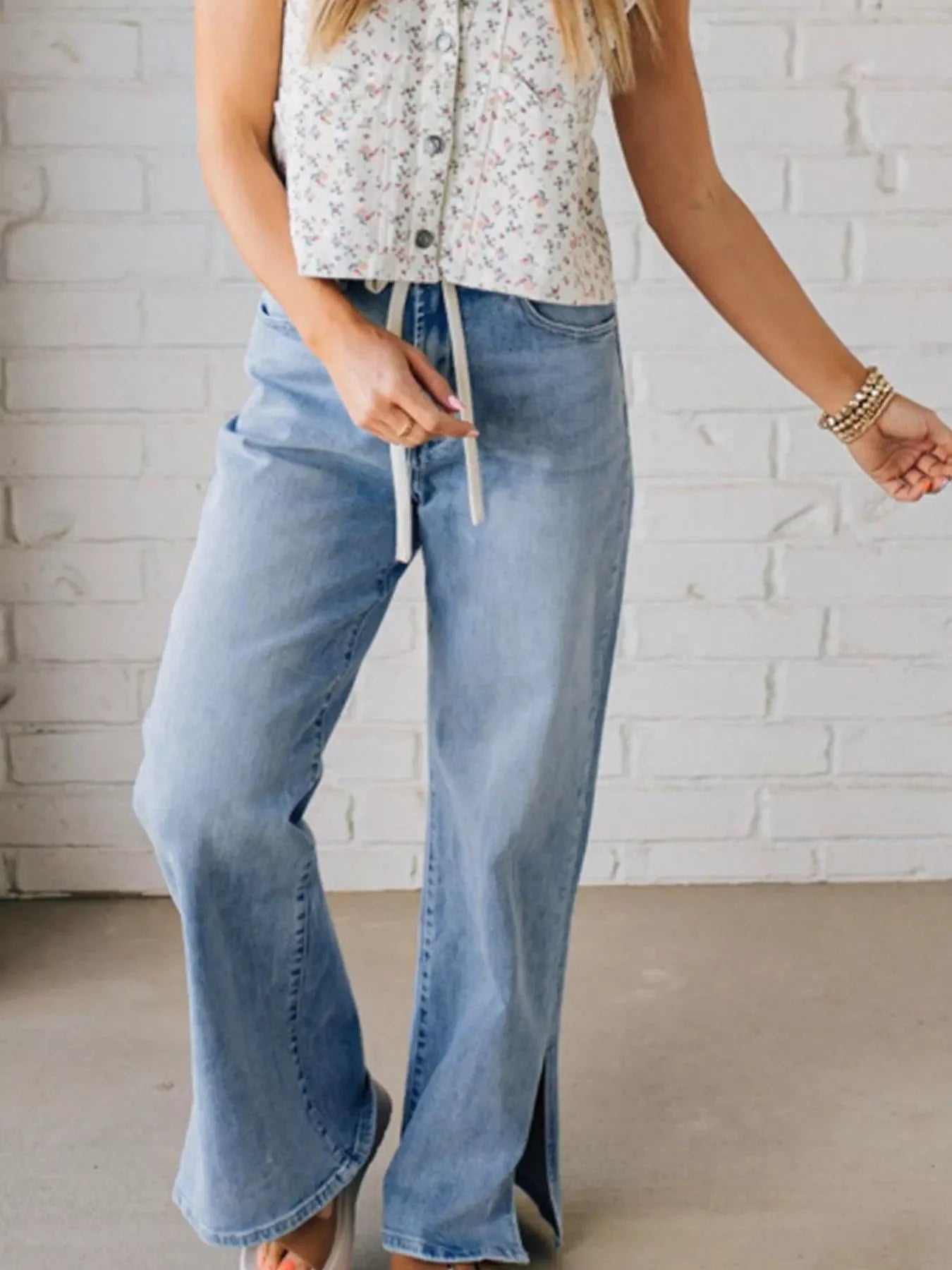 Coastal Wide Leg Slit Denim Jeans With Adjustable Drawstring - Southern Shores Clothing