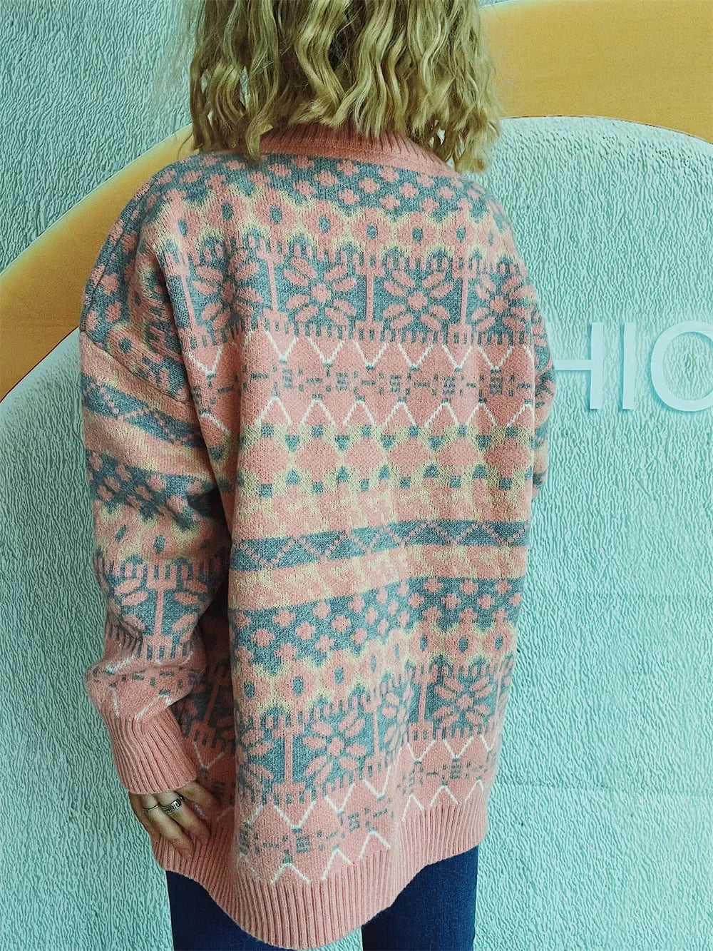 Geometric Pattern Dropped Shoulder Sweater - Southern Shores Clothing
