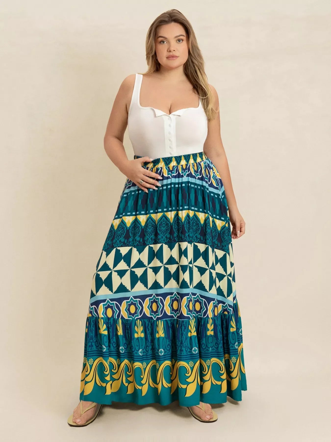 Plus Size Printed Flowy Maxi Skirt Soft Comfort - Southern Shores Clothing