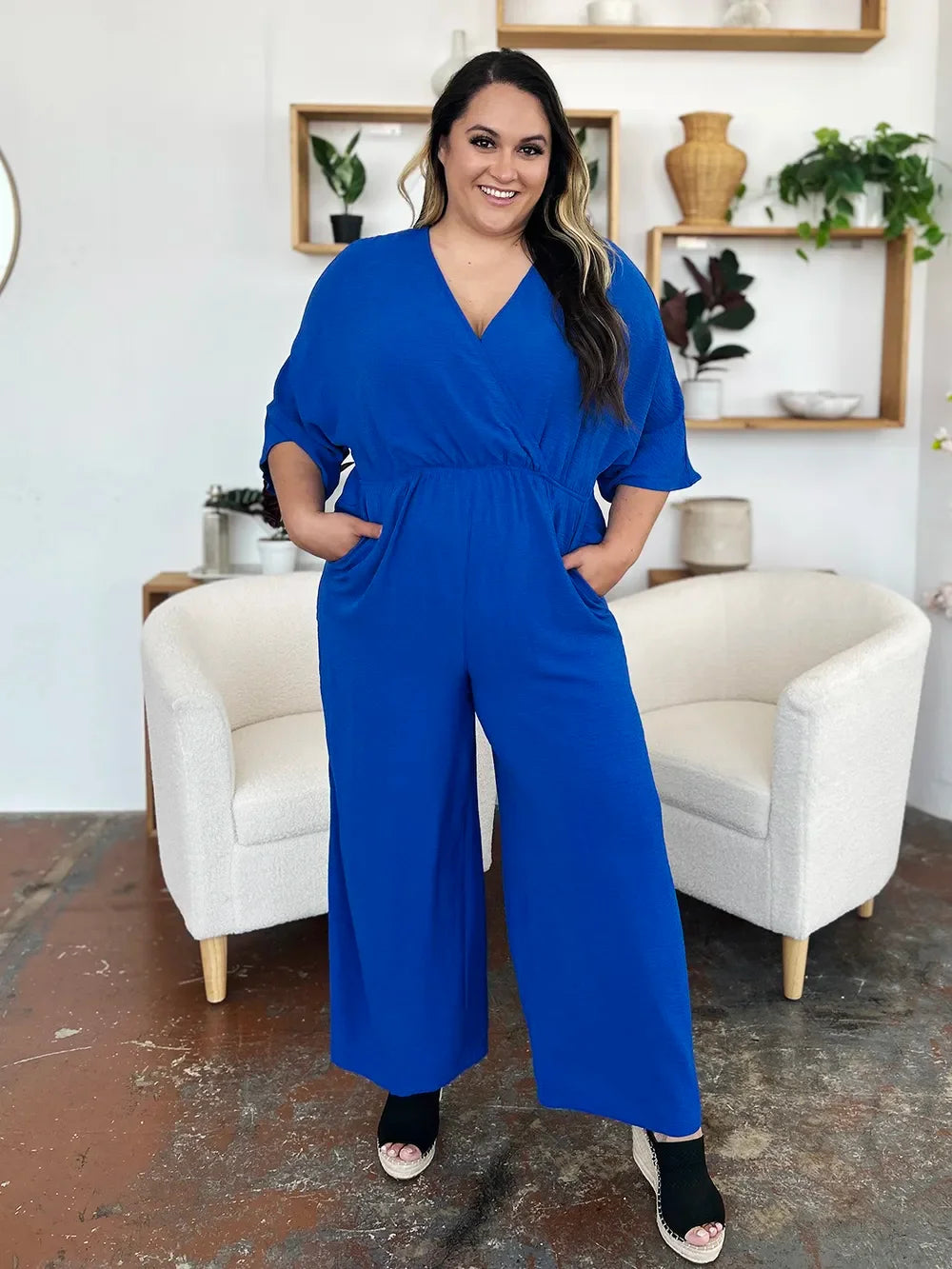 Surplice Wide-Leg Jumpsuit With Hidden Pockets - Southern Shores Clothing