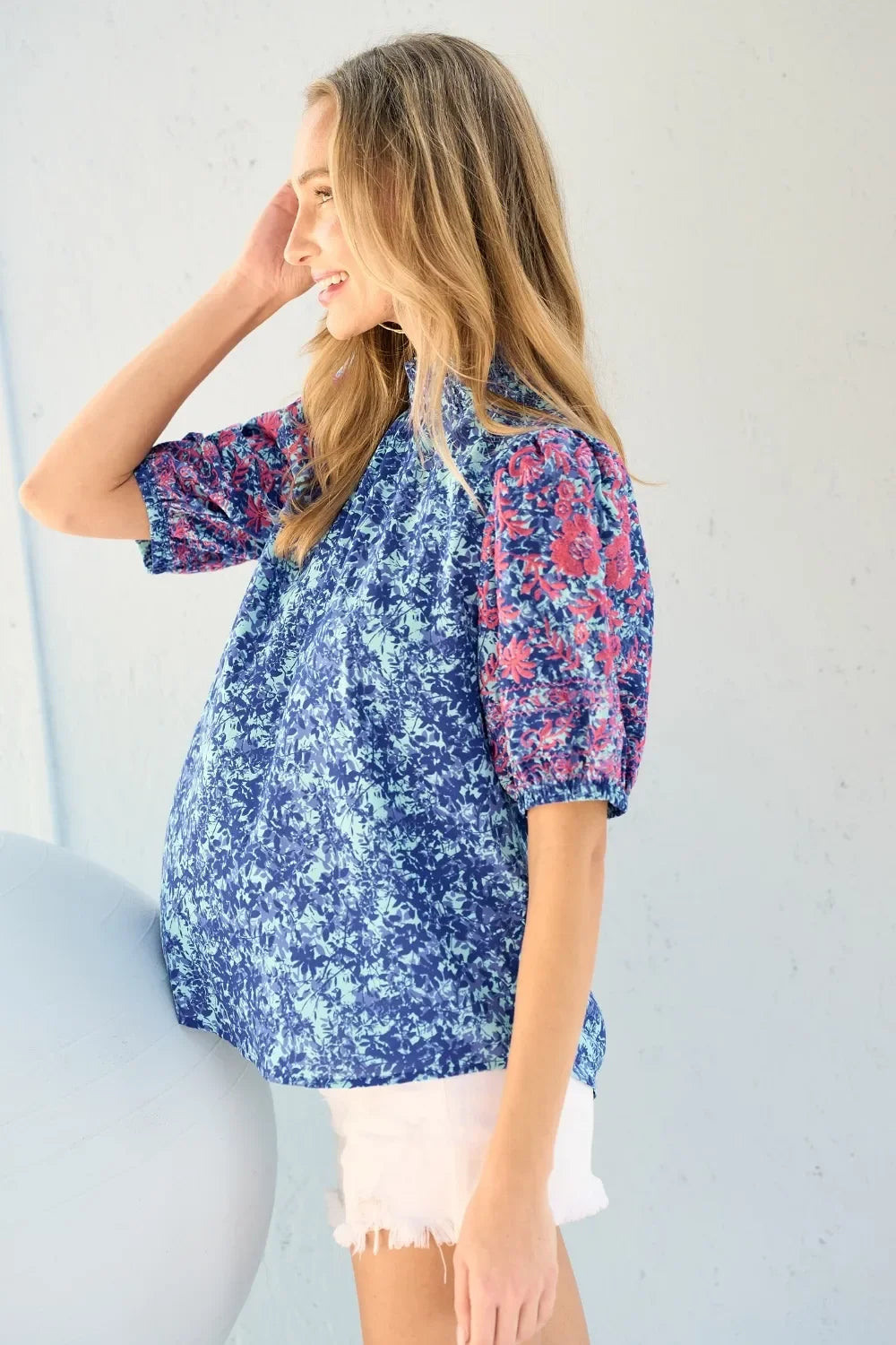 Embroidered Printed Puff Sleeve Blouse With Ruched Detail - Southern Shores Clothing