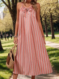 Striped Tie Neck Midi Cami Dress With Adjustable Fit And Flowy - Southern Shores Clothing