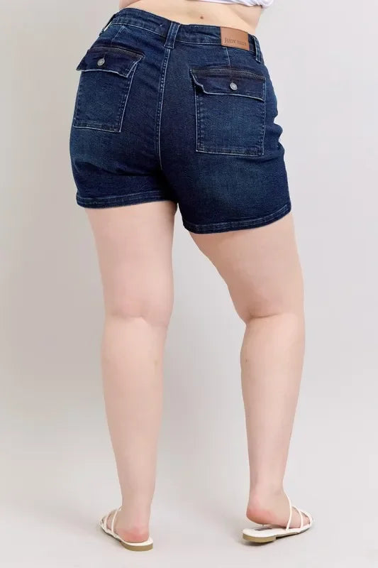 High Waist Denim Shorts With Back Flap Pocket Plus Size - Southern Shores Clothing