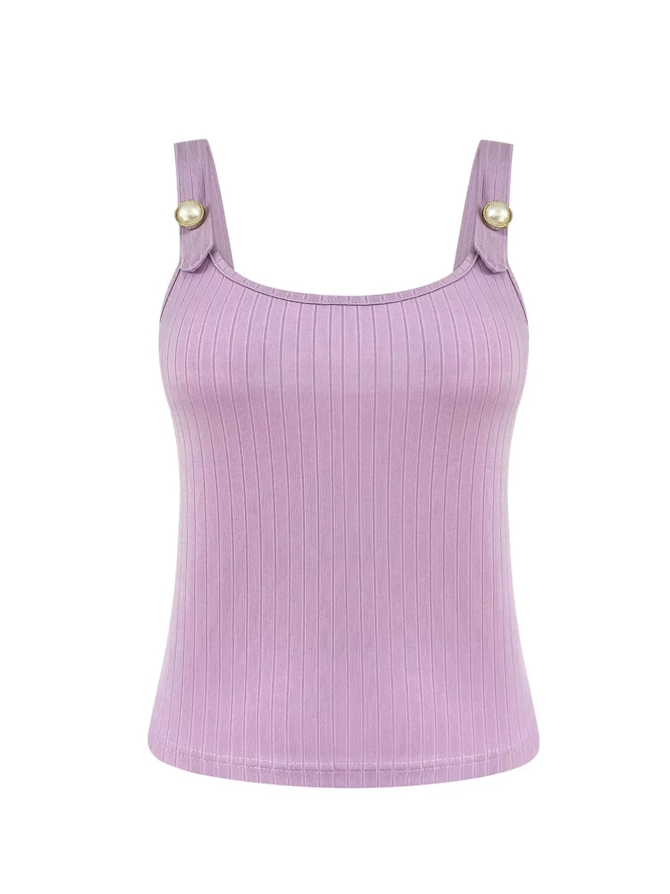 Ribbed Pearl Button Strap Scoop Neck Tank Top With Stretch Knit - Southern Shores Clothing