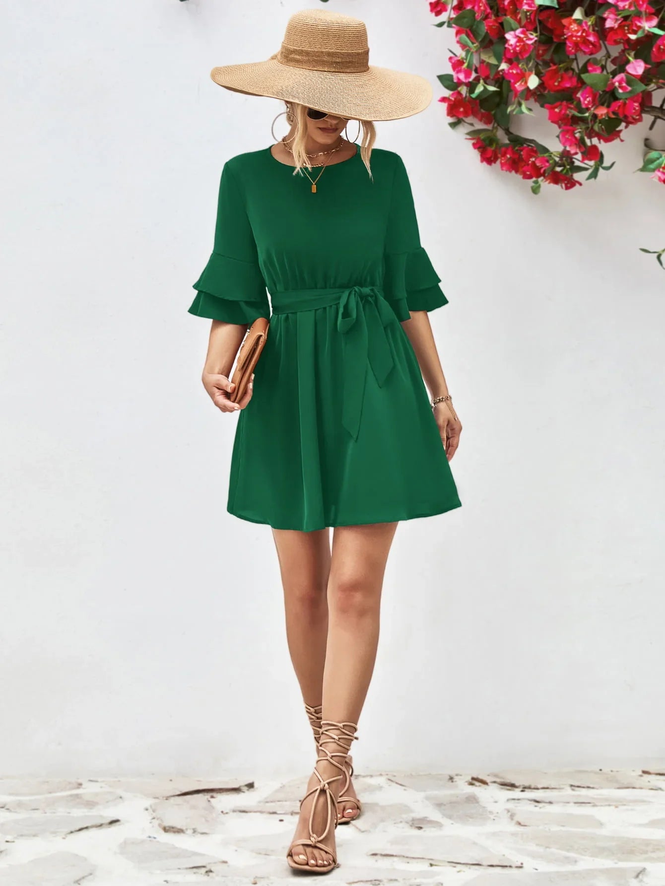Round Neck Tie Belt Flounce Sleeve Dress - Southern Shores Clothing